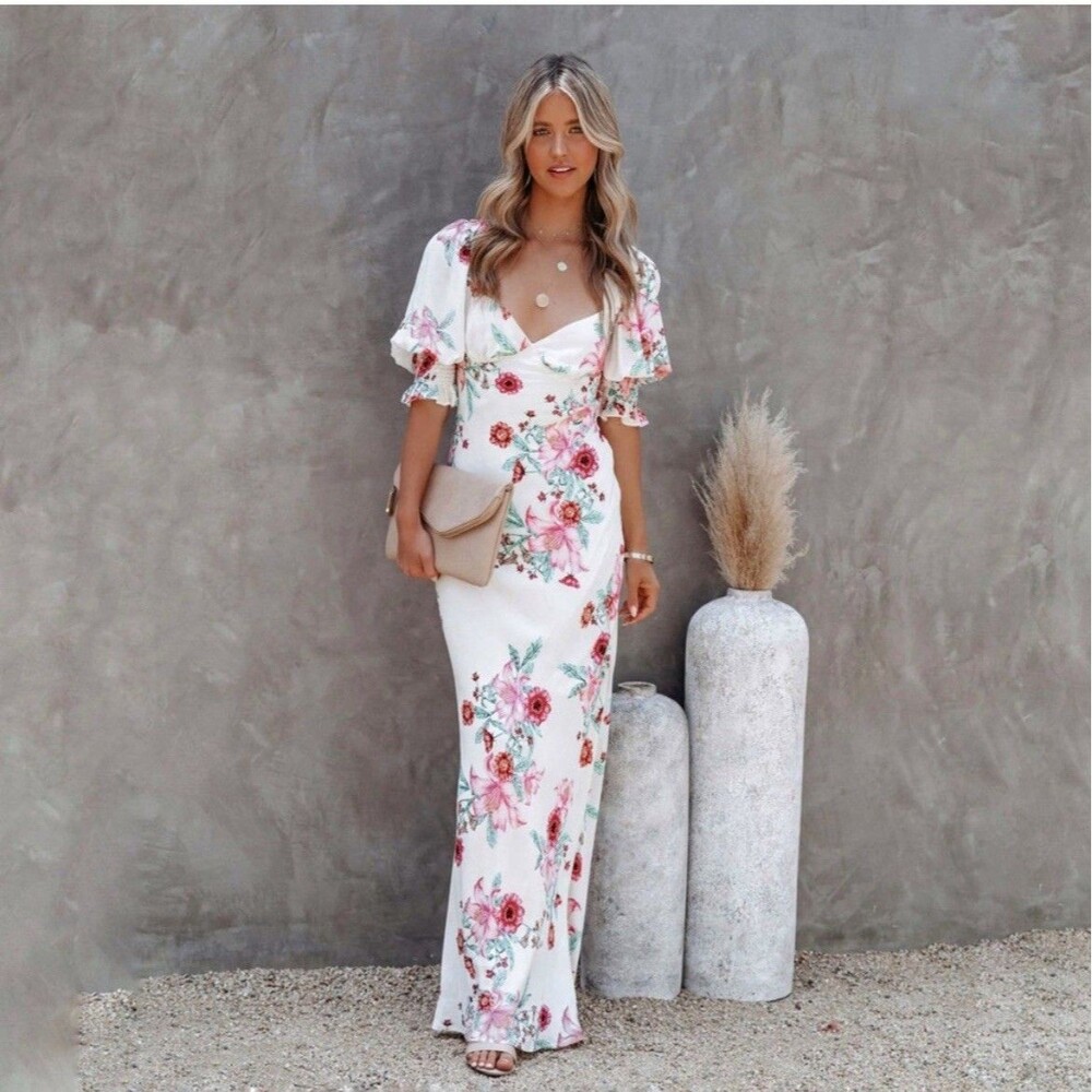 VICI Primrose Path Puff Sleeve Maxi Dress Sz M Boho Wedding Guest Party Chic